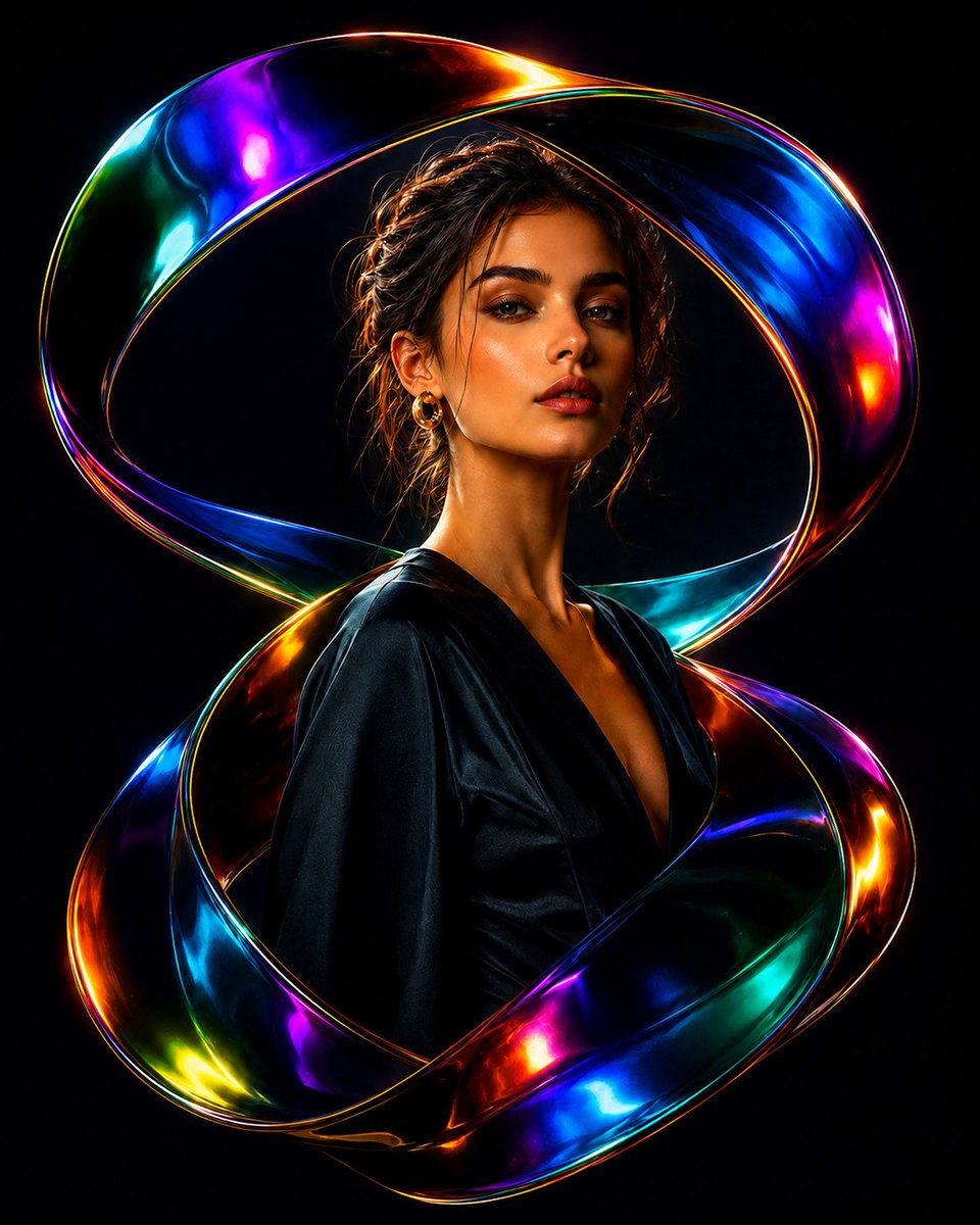 A photorealistic portrait appears woven into a liquid-chrome ribbon that loops through shifting sapphire, emerald, violet, and gold reflections. The loops look…