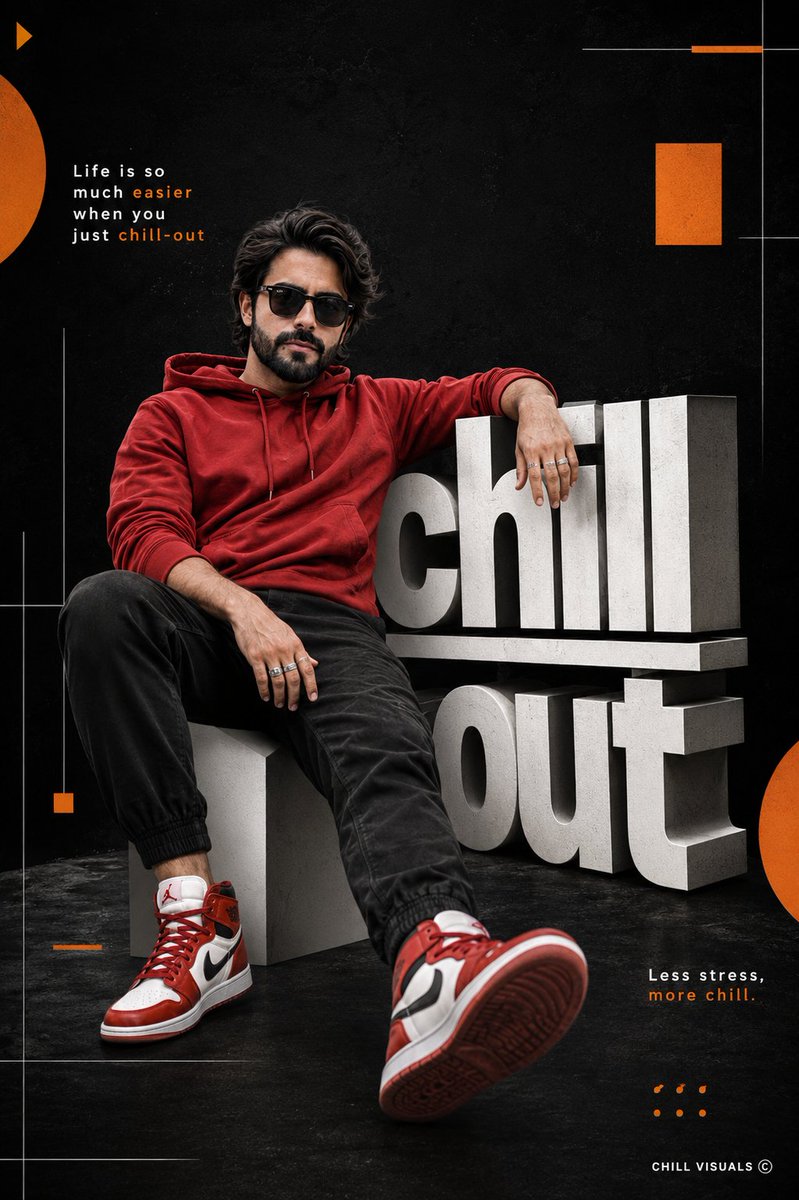 A reclined man in a red hoodie leans against oversized white letters that spell chill and out, set on a matte black background. The 35mm-style portrait and…