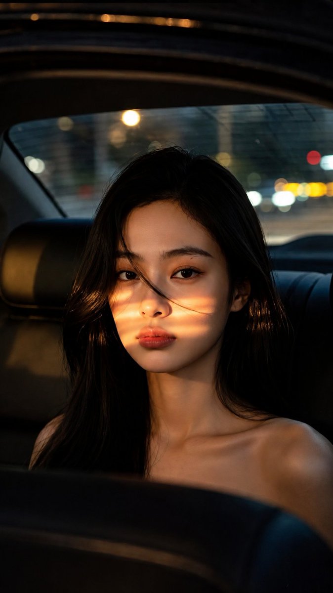 A close, moody portrait of a woman in a dark car's back seat, with warm golden light bands sweeping across her face while the city blurs into soft colored…