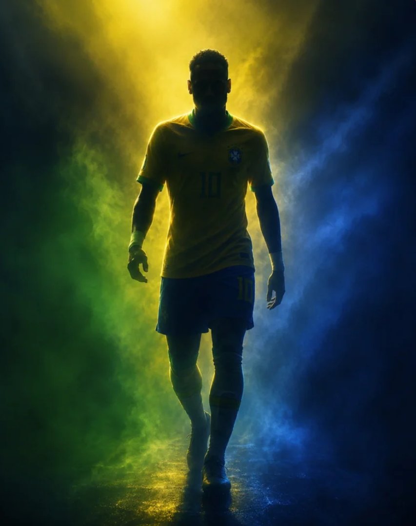 A heroic figure stands as a dark, blurred silhouette at the center of a misty frame, its shoulders, head and cape edges traced by soft rim light. The mood is…