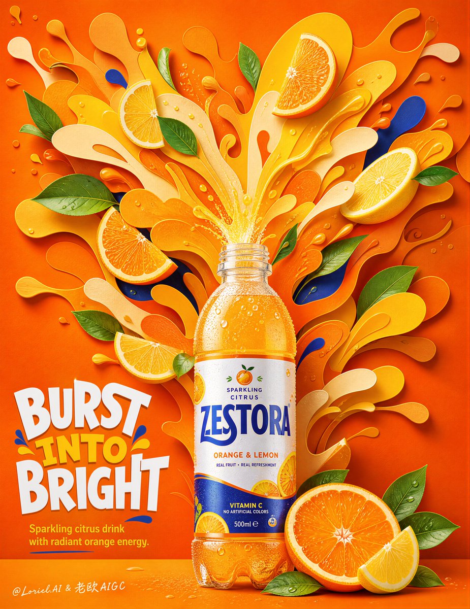 A realistic citrus soda bottle stands as the hero against an upward burst of layered yellow-orange splash shapes, sculpted like paper cut-outs. Saturated…