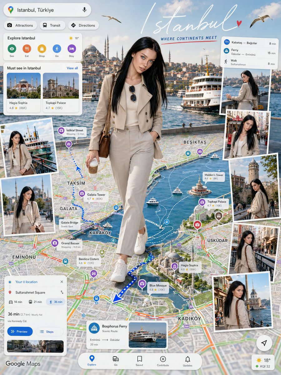 A woman walks across a large navigation-style city map, with real landmarks and transit lines around her and smaller street snapshots framing the scene. Her…