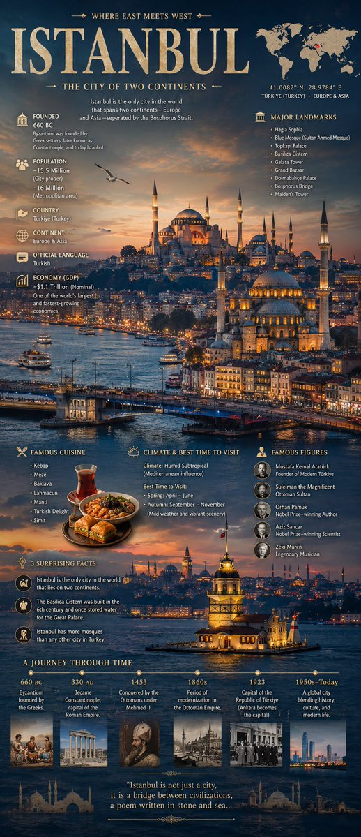 A tall, full-frame city poster where a famous skyline fills the image and facts about the city float across it like magazine layers. The result reads as a…