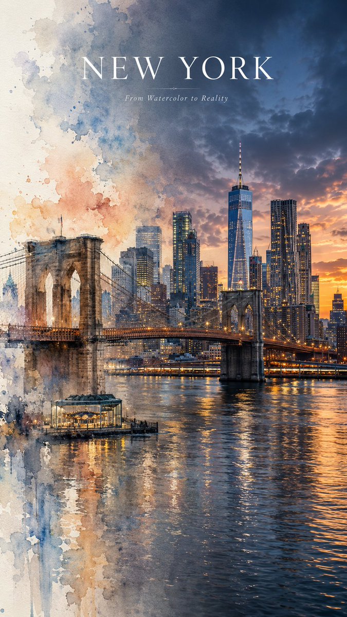 City Watercolor to Photo Transition Poster — AI result, variation 2 of 4