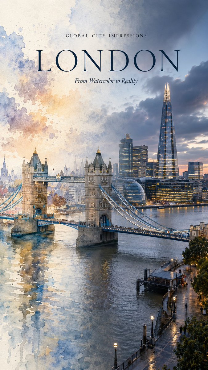 City Watercolor to Photo Transition Poster — AI result, variation 3 of 4