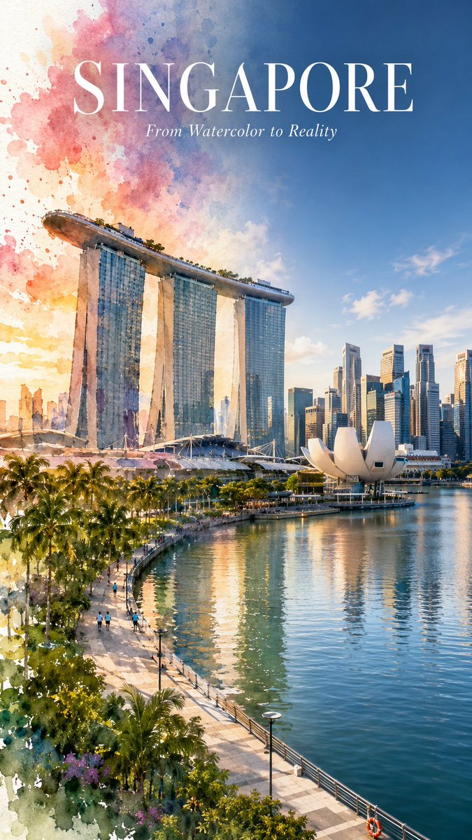 City Watercolor to Photo Transition Poster — AI result, variation 4 of 4