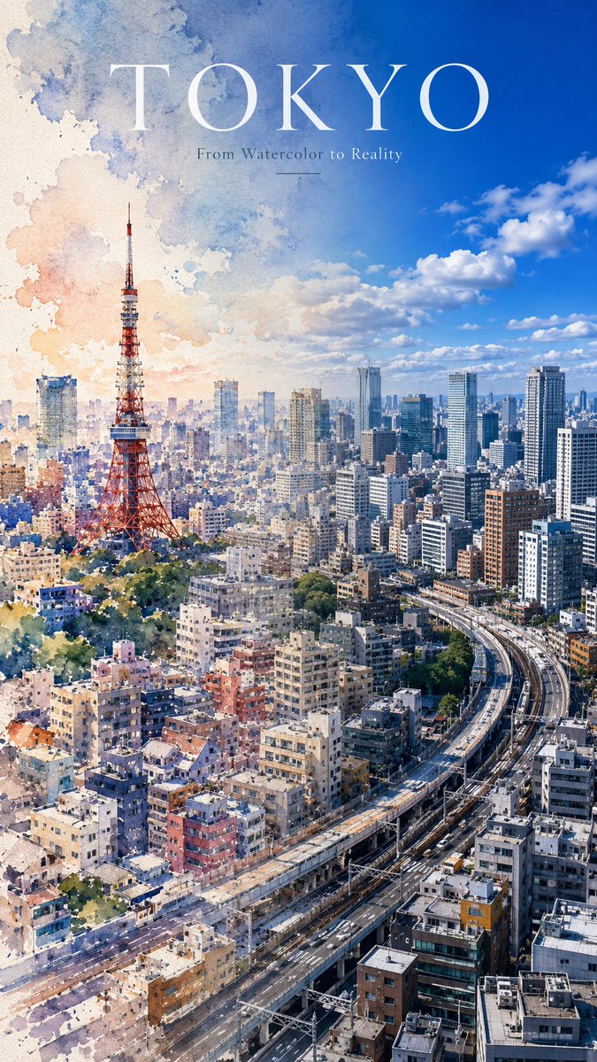 One continuous city scene shifts from detailed watercolor on the left to a photorealistic photograph on the right. The skyline, water and bridges stay aligned…