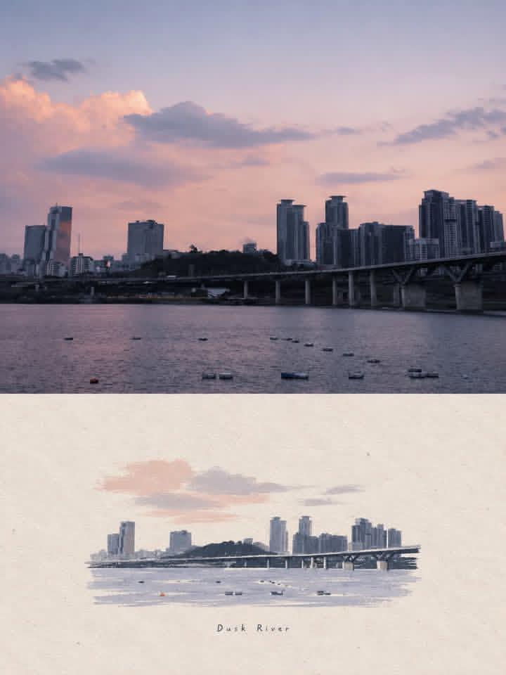 Cityscape Photo as Watercolor Travel Sketch — AI result, variation 2 of 2
