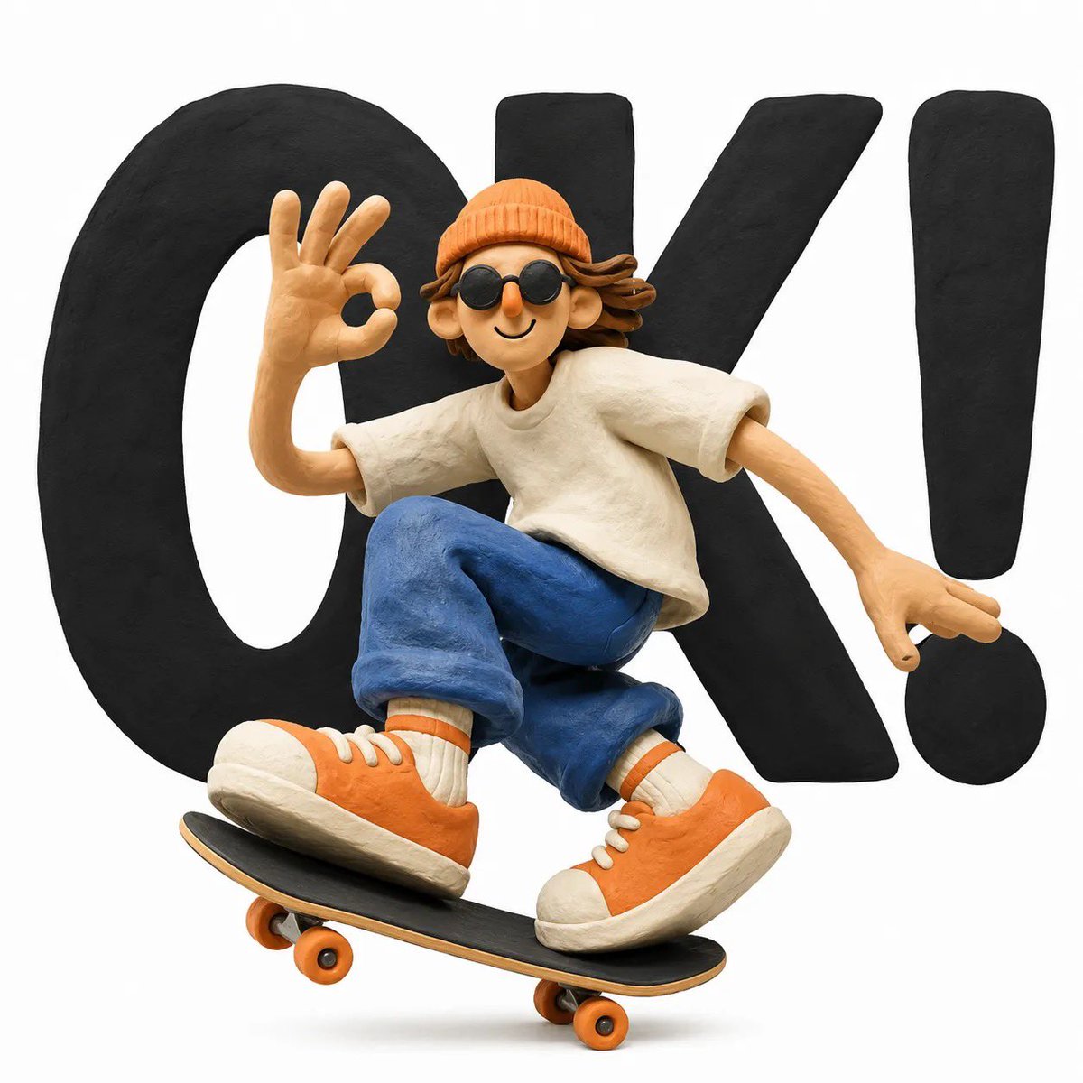 A soft, handmade clay figure with oversized sneakers poses against huge bold black lettering on a white field. The contrast between chunky typography and…