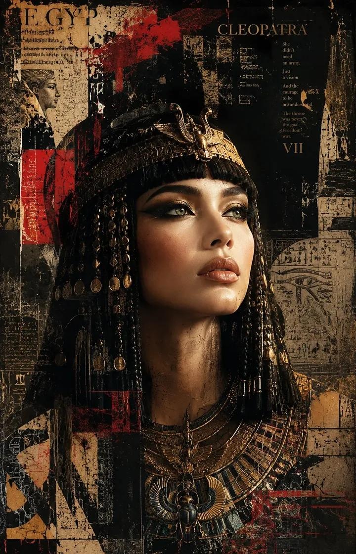 A moody editorial portrait of Cleopatra built from layered collage pieces, printed textures and bold type fused into the surface. The look is dense and…