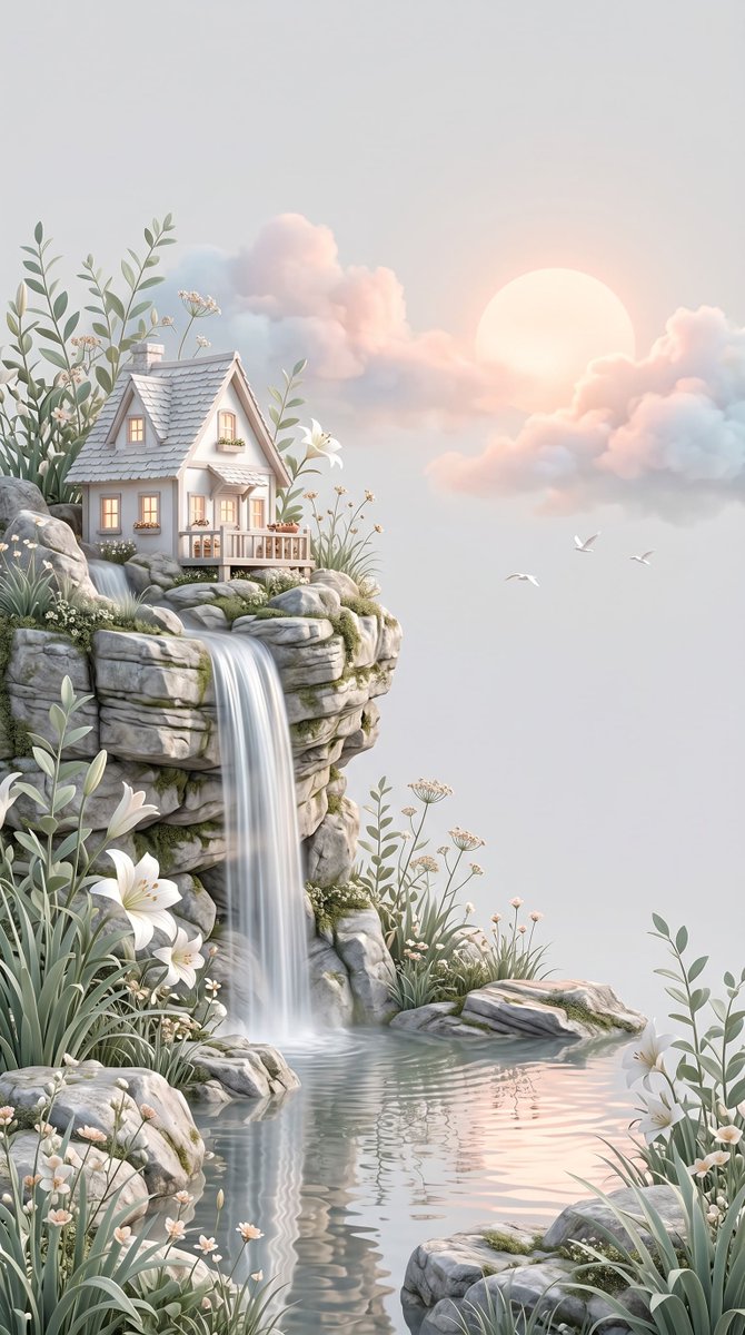 Cliffside Cottage Waterfall 3D Illustration — AI result, variation 2 of 2
