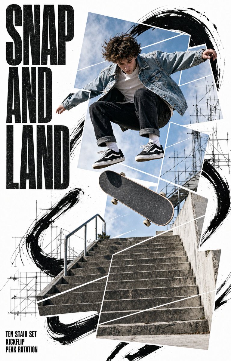 A mid-air bouldering dyno rendered as a full-color action photo cut into tilted, overlapping panels on white. Black brush arcs and thin scaffold line drawings…