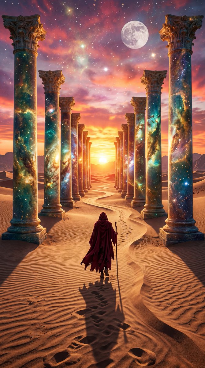 Cloaked Figure Walking Cosmic Columns at Sunset — AI result, variation 2 of 2