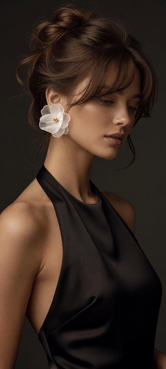 A soft, moody close-up of a woman in a black satin halter dress, her gaze drifting past the lens. The large white flower earring with a gold center becomes the…