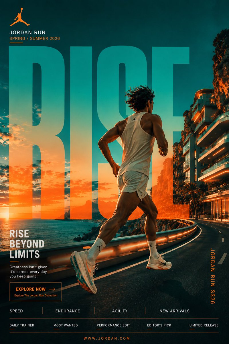 A vertical sportswear poster set on a blue-hour coastal boulevard, with a runner seen from behind and oversized type running the full height of the frame. The…