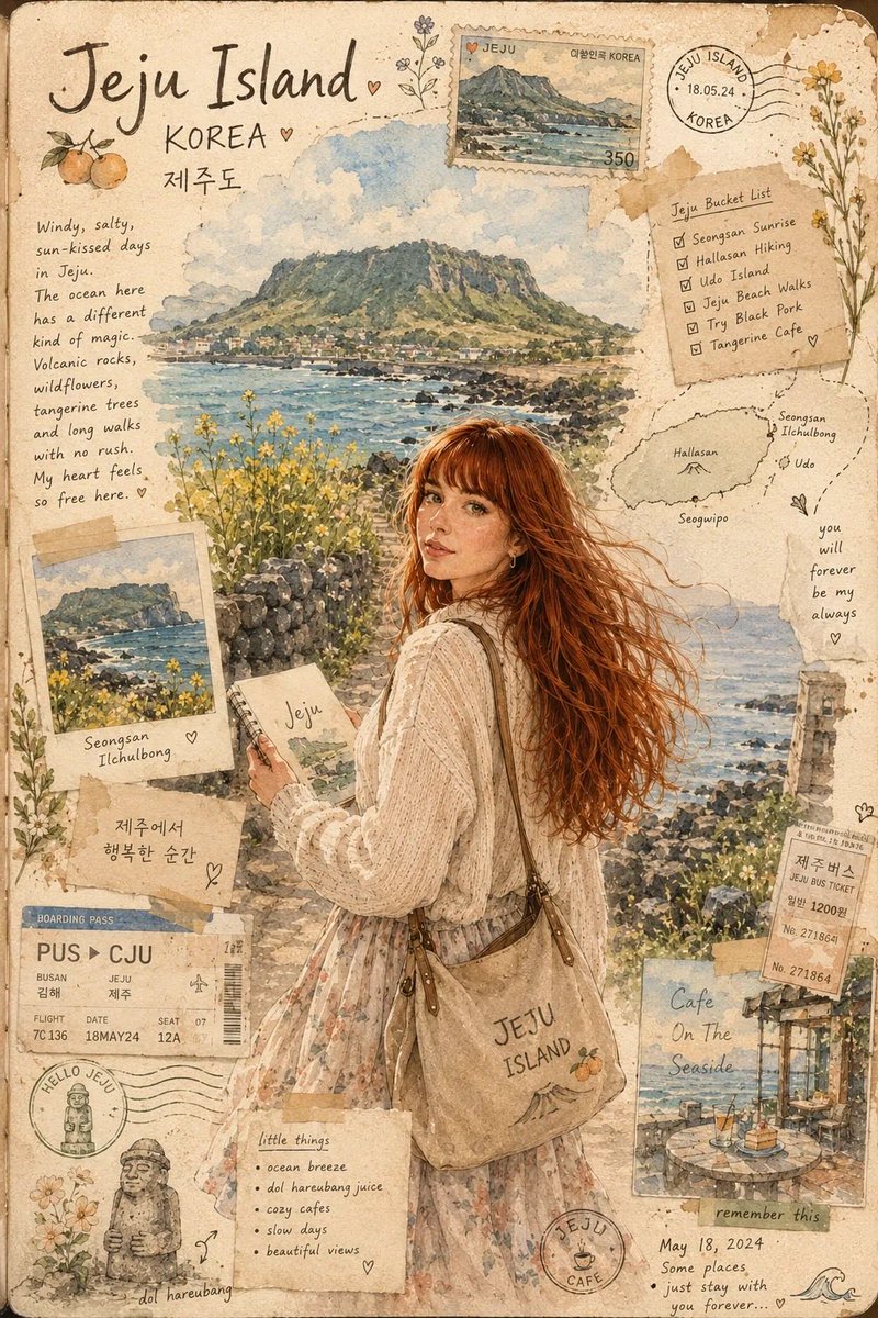 A watercolor sketchbook page of a woman on a romantic seaside promenade, framed by stamps, tickets and handwritten notes. Soft ocean blues and faded coral wash…