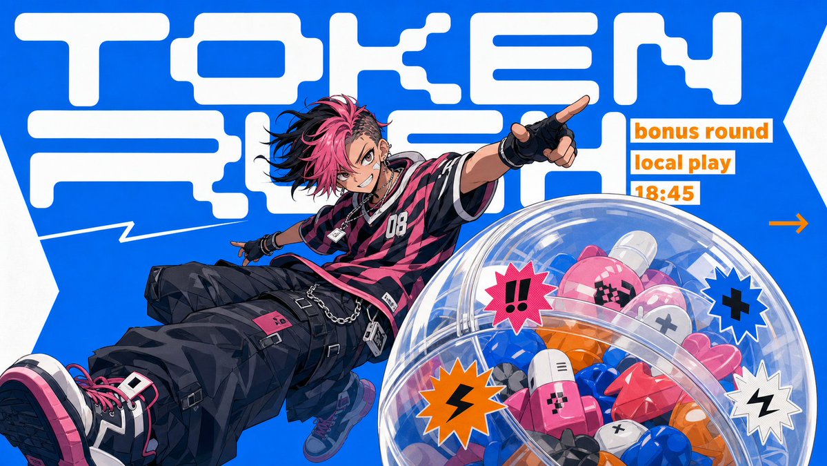 A flat cobalt blue poster where a manga character in a bold subculture outfit stands level with a huge white title set in chunky pixel-style letters. An…