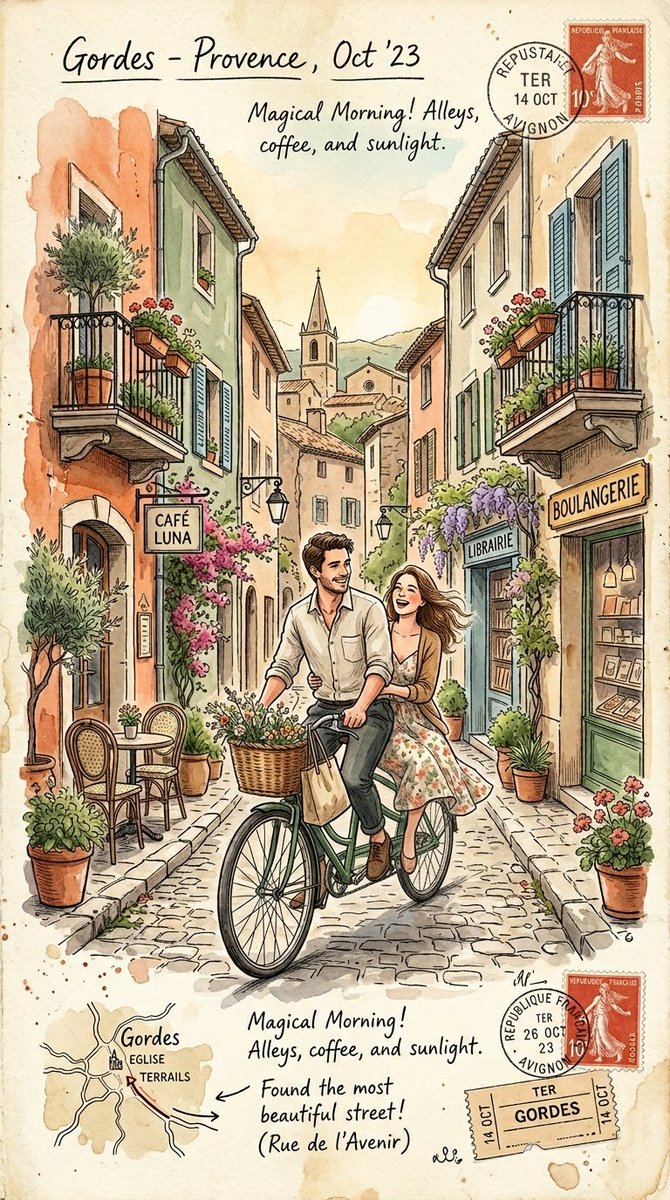 A vertical sketch of a couple cycling down a sunlit European alley, flower balconies and café tables framing them, with ink lines softened by pastel washes on…