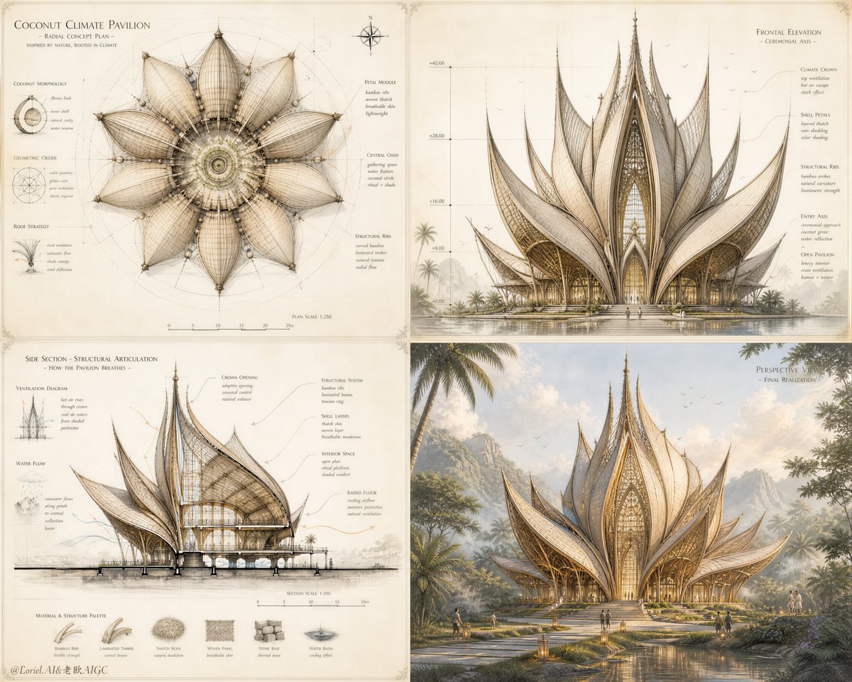 Coconut Pavilion Fantasy Architecture Board — AI result, variation 2 of 2