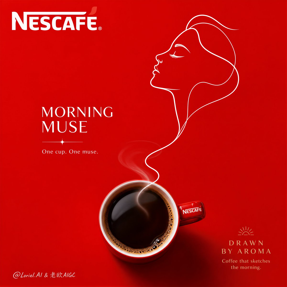 A saturated red poster where a real coffee cup gives rise to a single unbroken white line that turns into a serene female profile. The steam becomes the…
