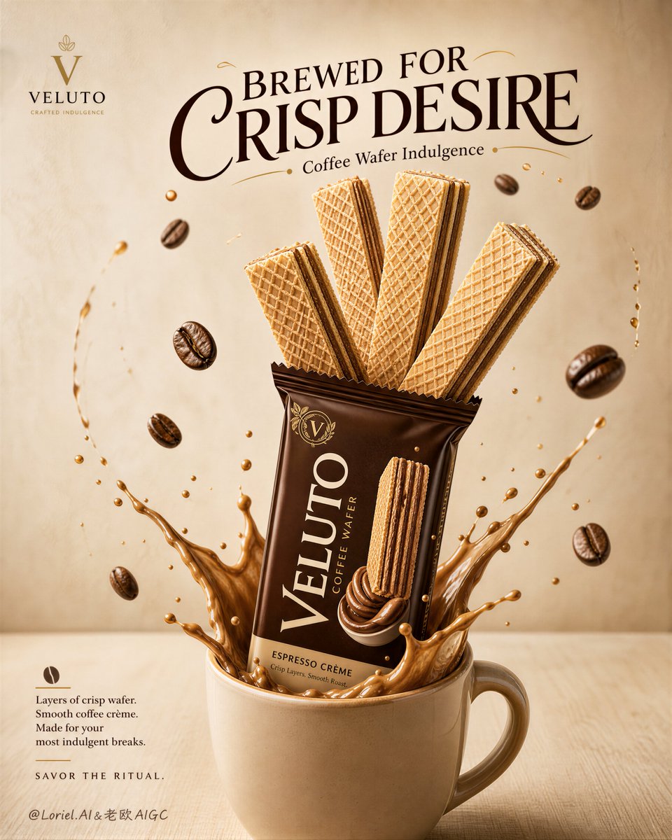 A tall poster shows a ceramic mug with a glossy espresso-brown pack rising from it, and oversized crisp wafers fanning upward like a signature shape. A creamy…