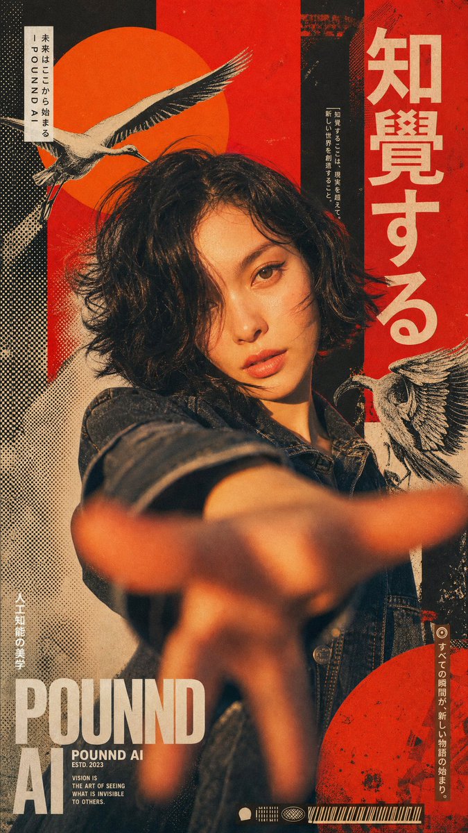 A young woman in a denim jacket reaches toward the camera, her hand stretched large with motion blur, set against red bars, orange circles and halftone…