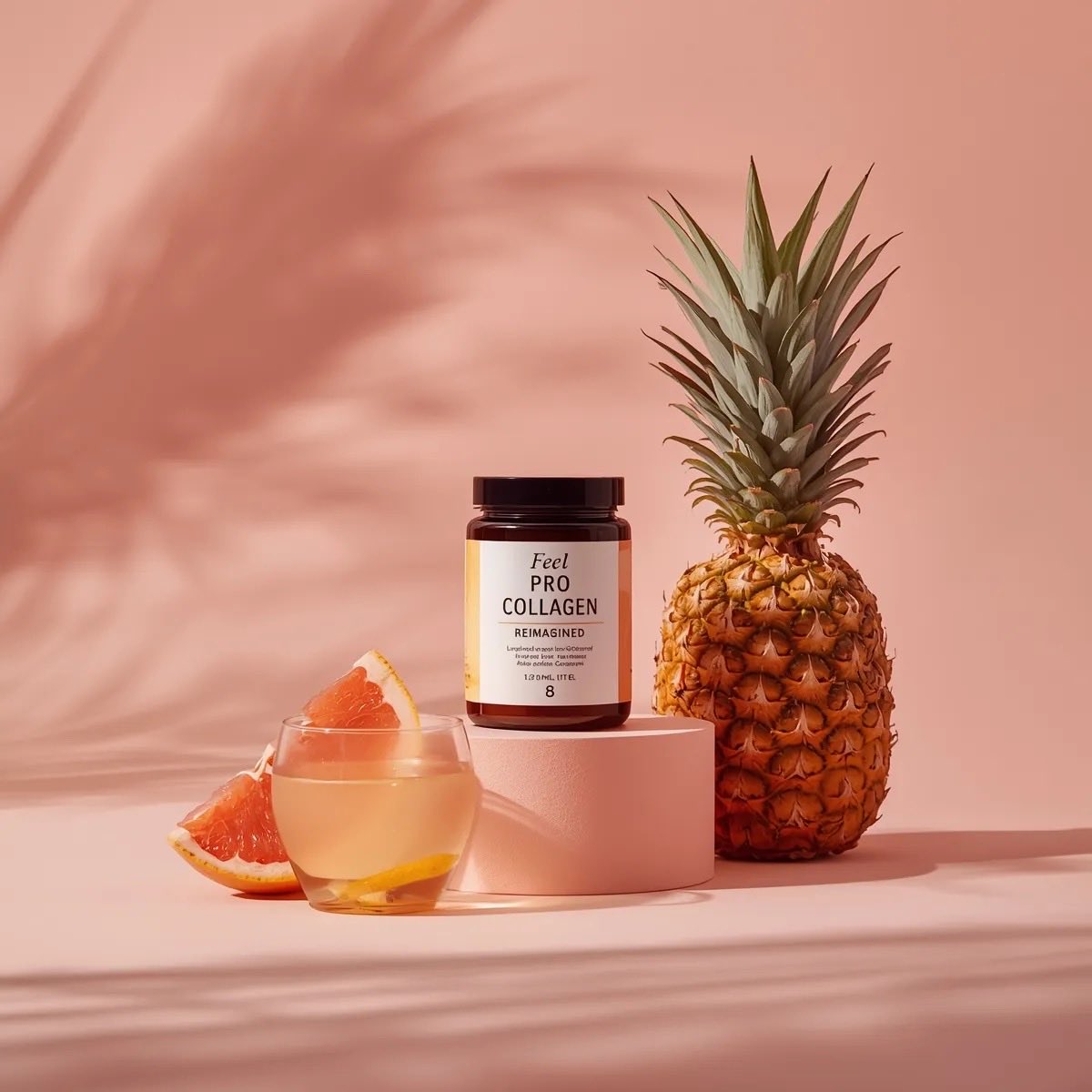 Collagen Jar on Pedestal with Tropical Fruit — AI result, variation 2 of 2