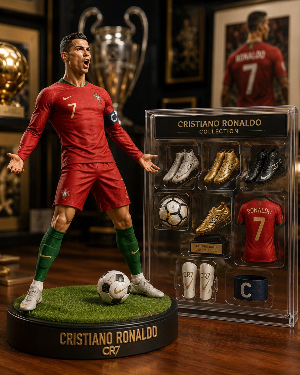 A semi-realistic designer toy figure with an oversized head sits on a circular base beside a transparent accessory case, shot like a product photo. Fine…