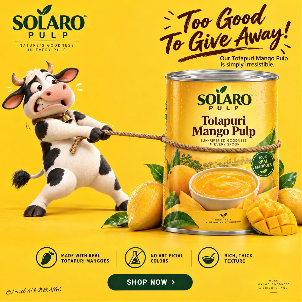 A saturated mango-yellow studio poster where a cartoon dairy cow leans back gripping a rope tied to an oversized can of mango pulp. The joke is that the…