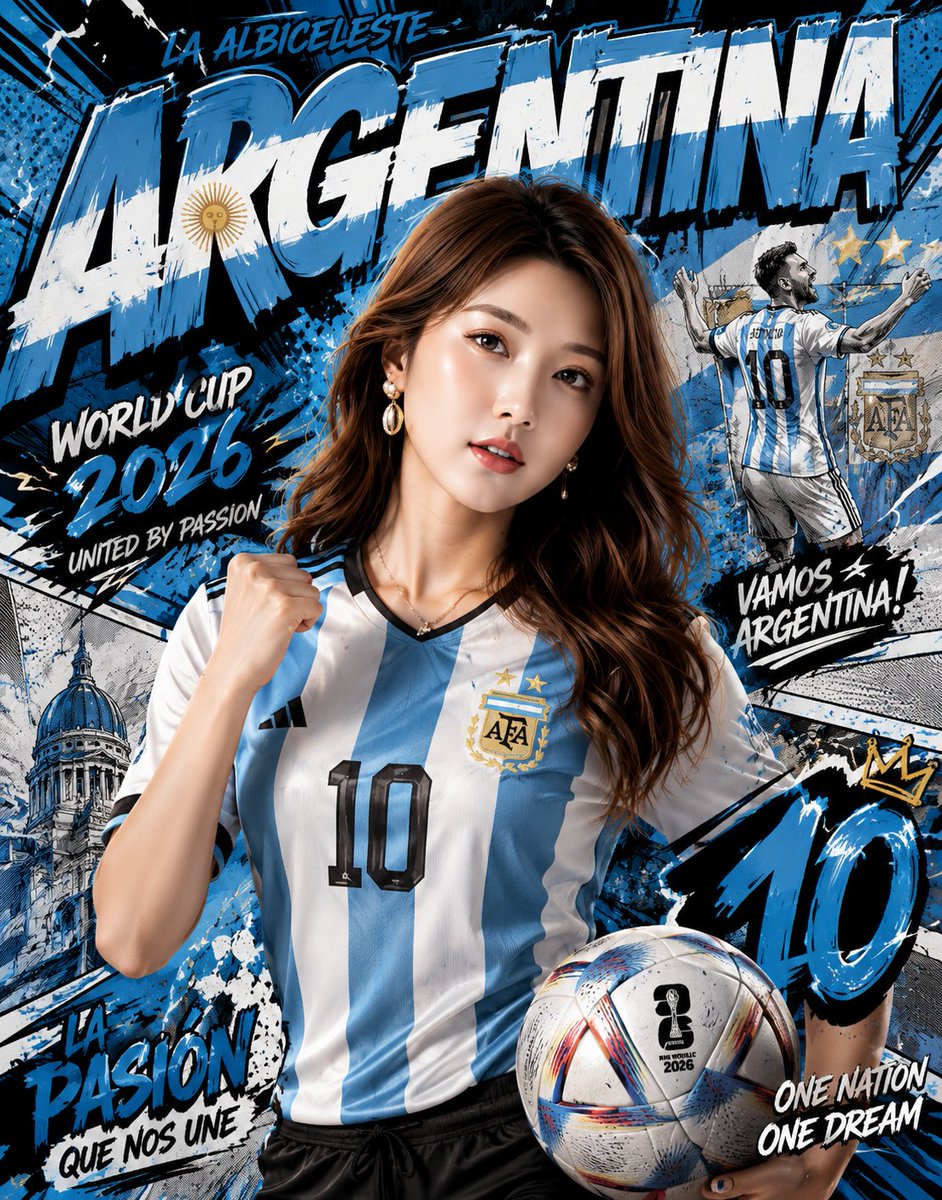 A bold sports-comic portrait poster built around an Argentina jersey, with halftone dots, motion streaks and oversized headline type in the national colours.…