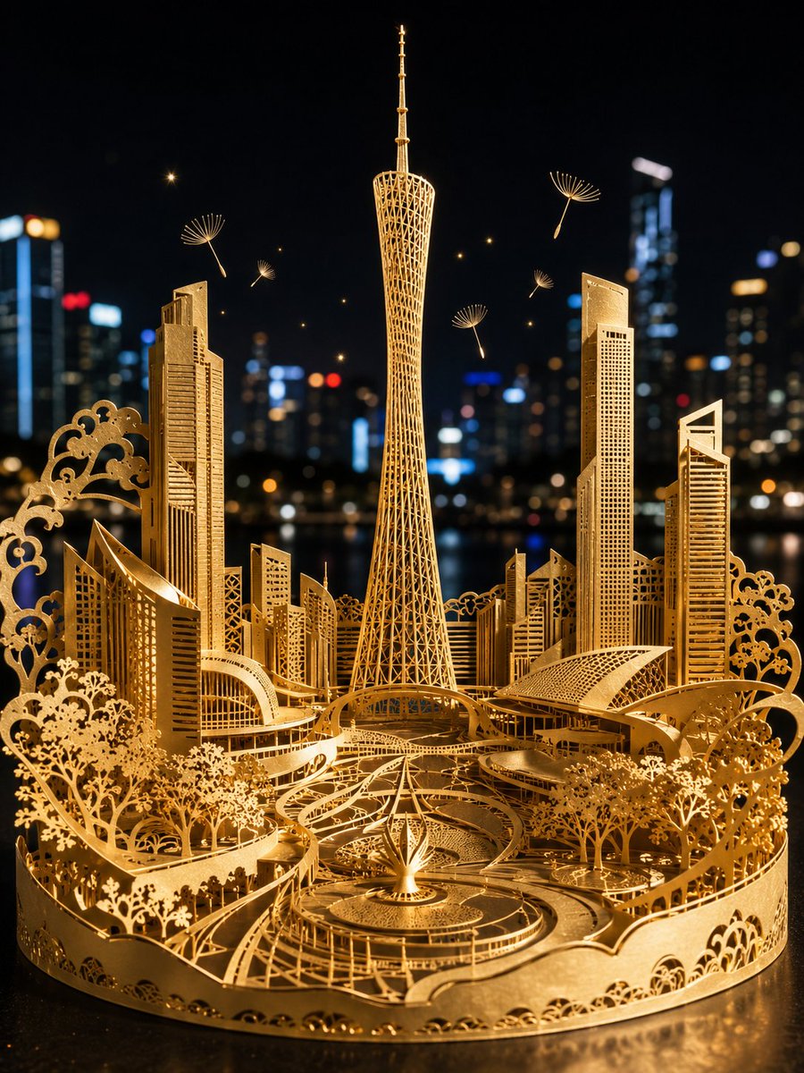 A whole city rendered as one continuous sheet of layered paper, with towers, bridges and roads linked together. Metallic and pearlescent surfaces catch soft…