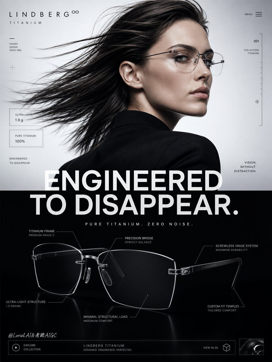 A sleek split-layout ad: a cool editorial portrait of a model in side profile on a pale gray top, then a black product zone with thin callouts. The swept hair…
