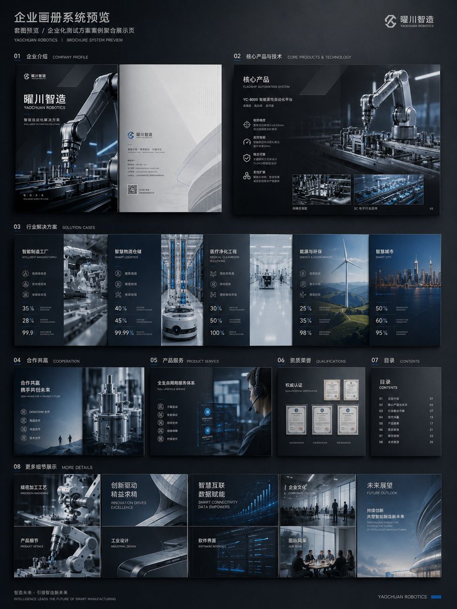 A full set of commercial catalog pages for a brand, covering cover, company profile, products, solutions, customer cases and a full-book preview. Each page…