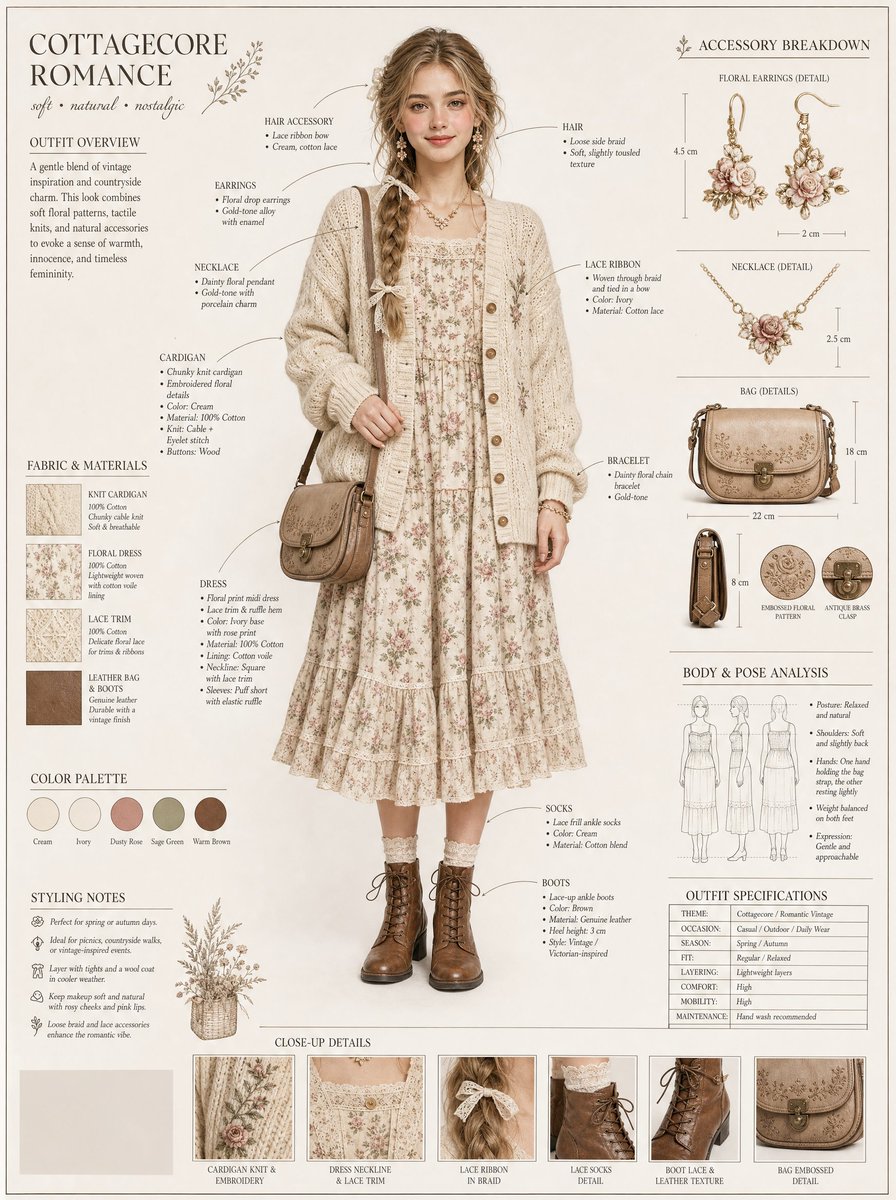 A soft studio portrait of a cottagecore figure surrounded by annotated outfit details, from knit cardigan and floral dress to lace ribbons and leather bag. It…