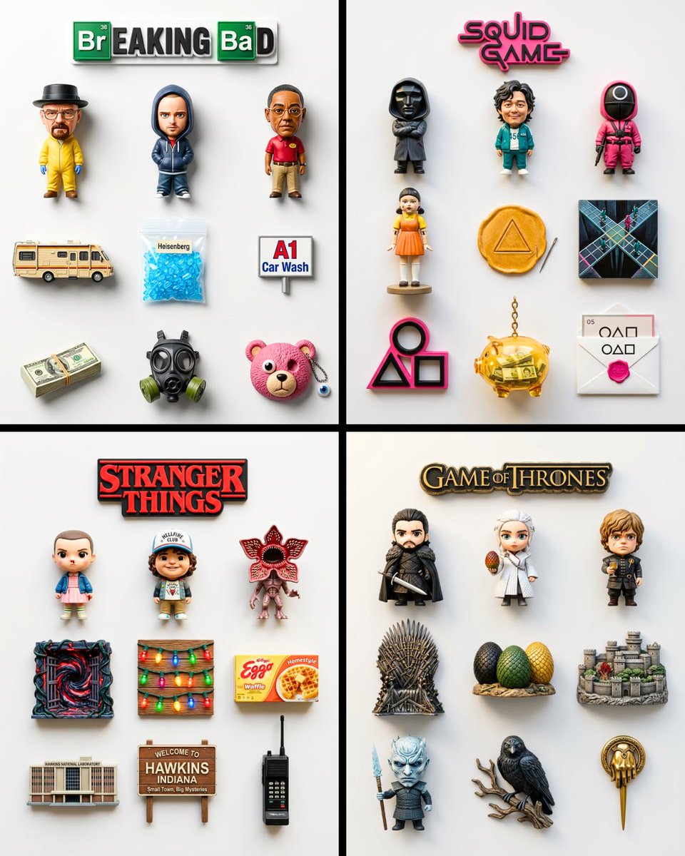 A top-down arrangement of nine glossy resin magnets on matte white, each themed around one country. Landmarks, a framed painting, food, a drink and a vintage…
