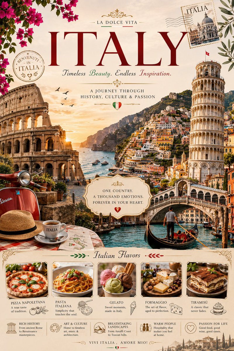 A clean, premium poster that pairs a country's best-known landmarks with its traditional dishes in one tidy layout. The result reads like a travel and food…