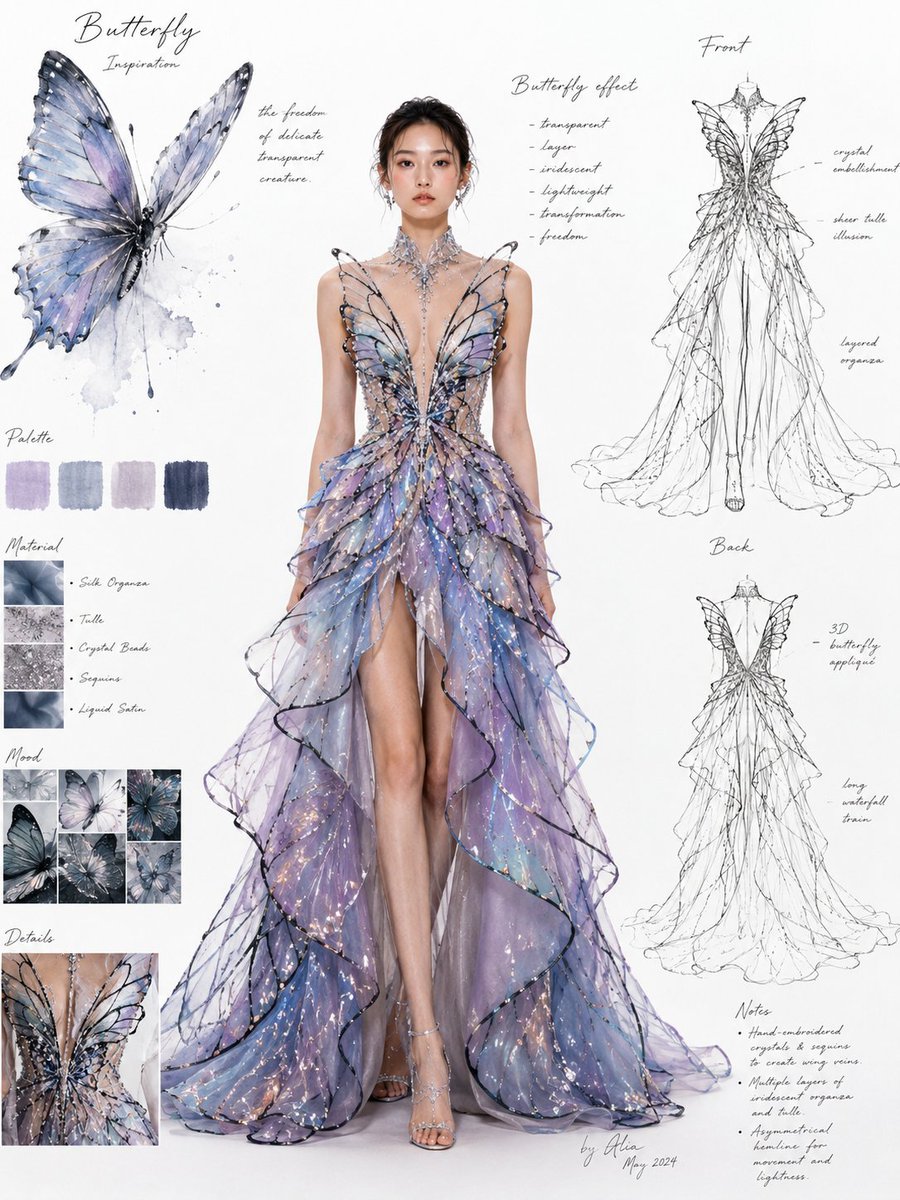 Couture Gown Design Sheet With Sketches and Notes — AI result, variation 2 of 4
