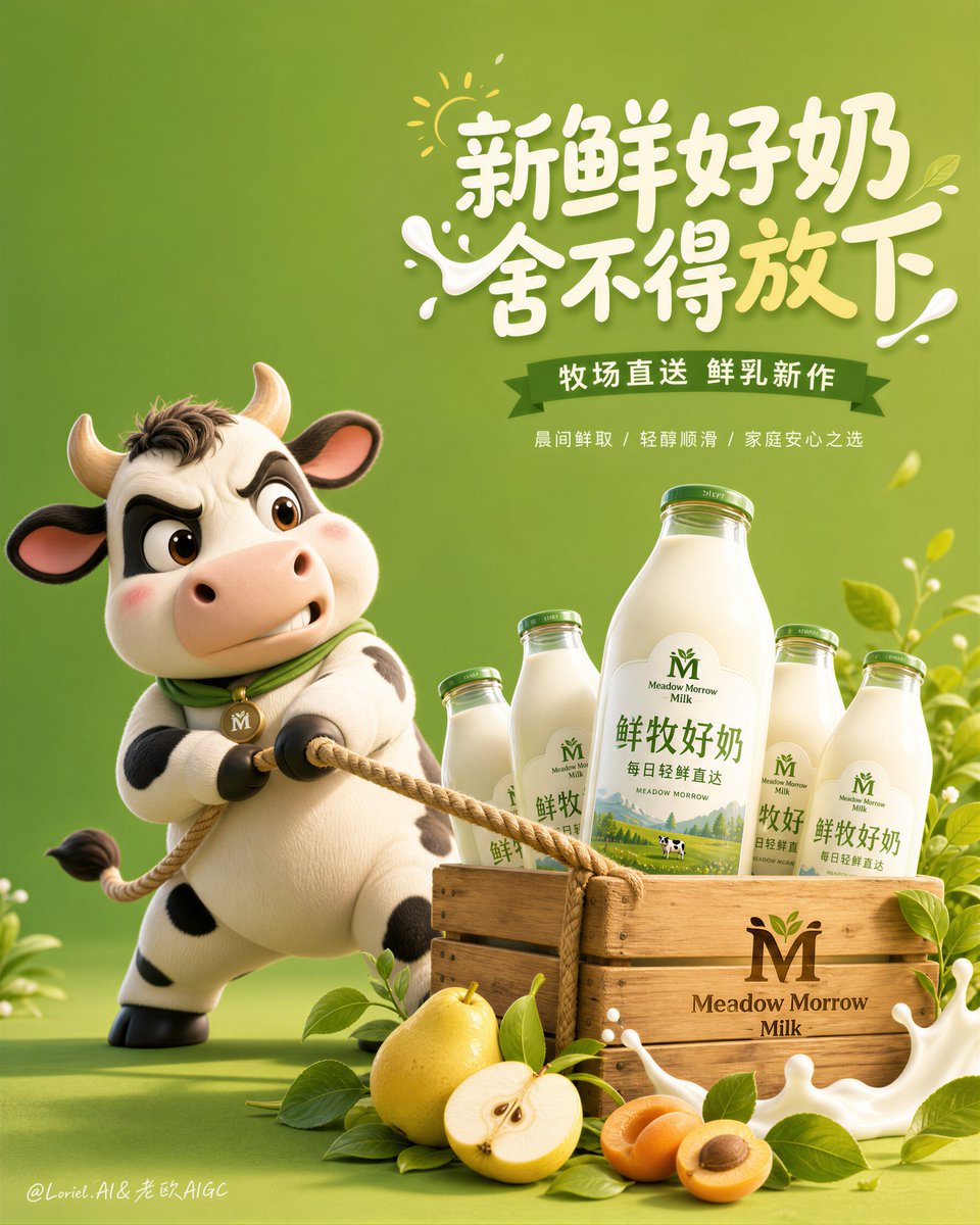 A bright farm meadow scene where a friendly 3D cow mascot stands beside an oversized glass milk bottle, with smaller bottles grouped nearby. The result reads…