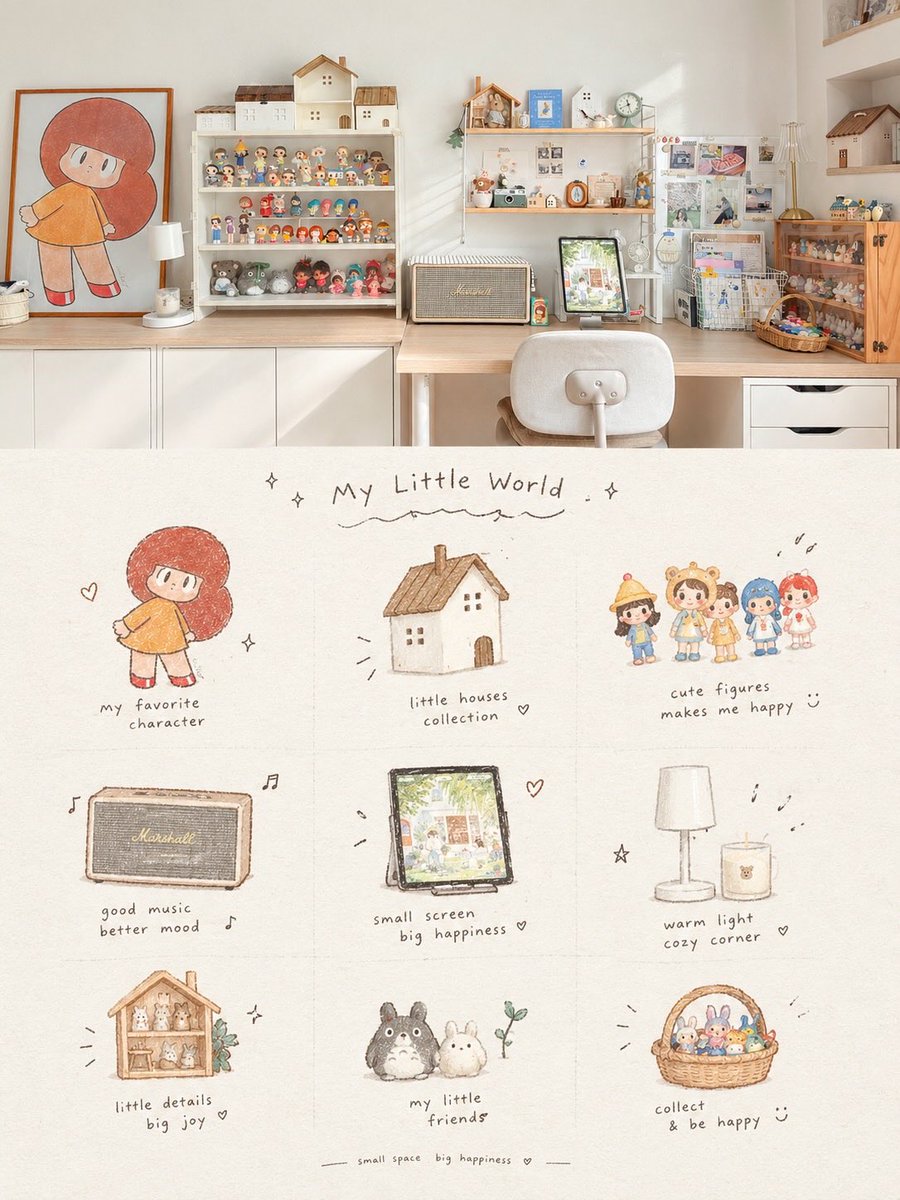 A vertical poster that splits into two halves: a sunlit photo of a tidy interior on top, and the same room redrawn as a 3x3 watercolor journal page below.…