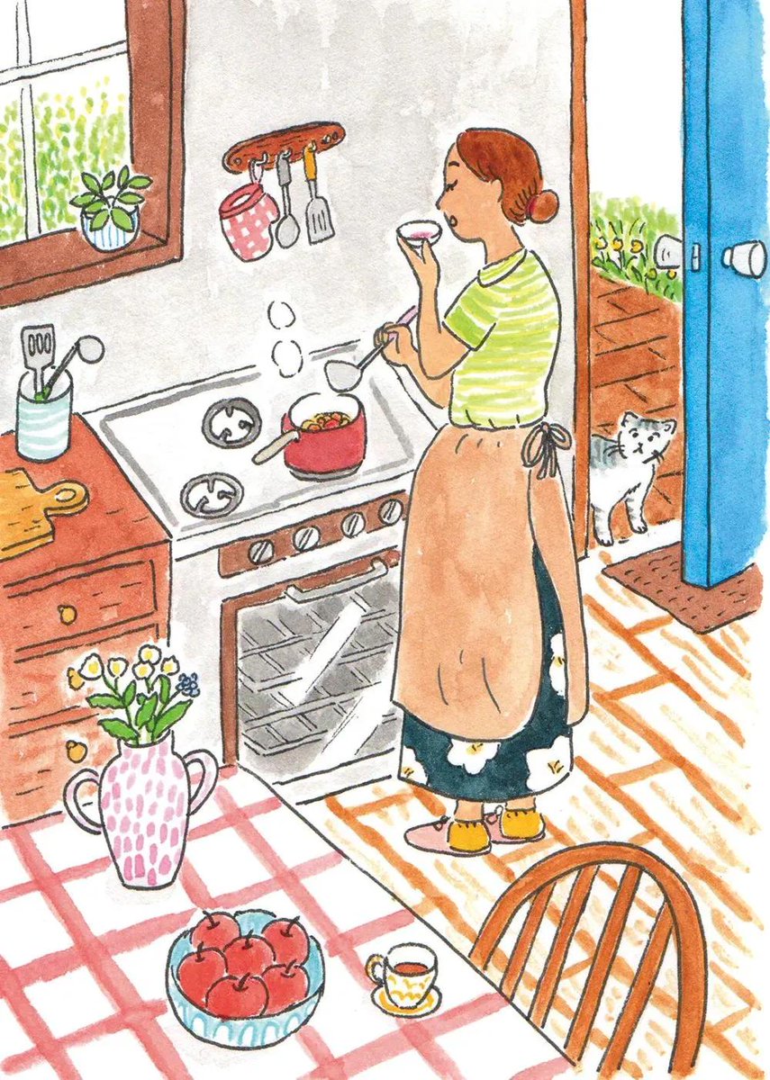 A warm watercolor and colored-pencil scene of ordinary people cooking, gardening and sharing tea, packed with small details like cats, birds and fruit bowls.…