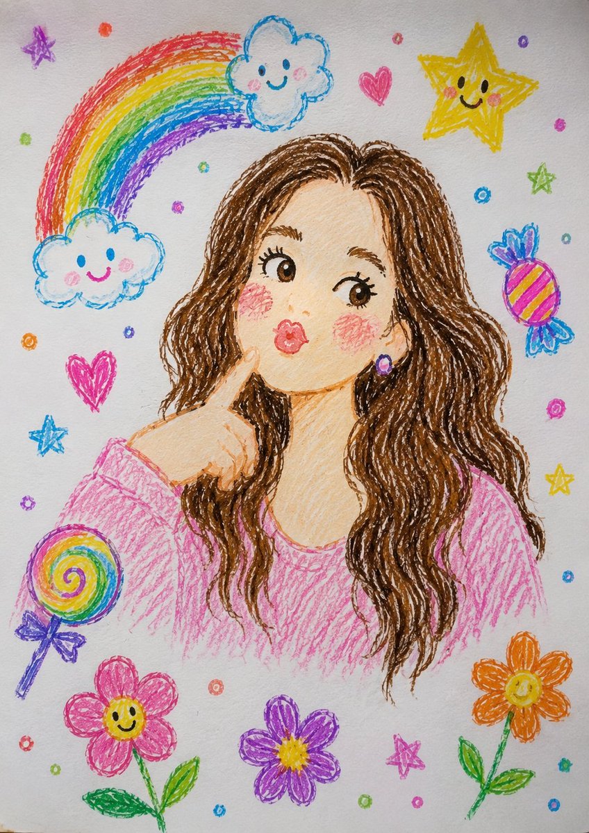 A crayon-style doodle of a figure is turned into a lifelike photograph of a young woman, with the same pose, gesture and framing kept intact. Soft outdoor…