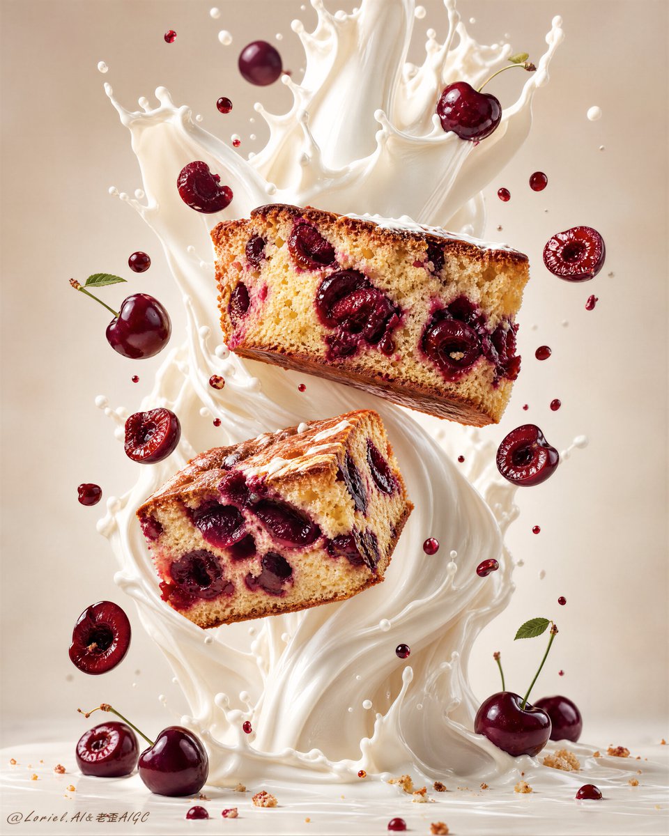 Cream Pillar and Cherry Cake Slices Dessert Poster — AI result, variation 2 of 2