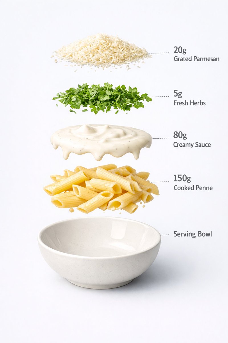 Source image for the AI video “Creamy Penne Pasta Exploded View Video”