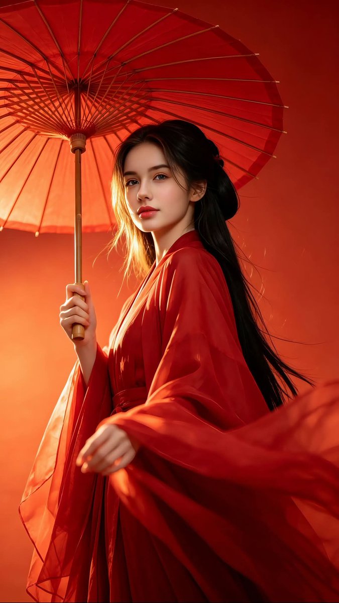 A low-angle, tilted editorial portrait of a young woman in a flowing red robe, holding a paper umbrella against warm orange tones. Soft rim light catches loose…