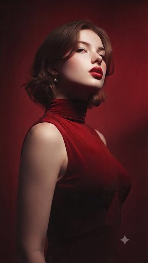A sequence of moody studio portraits of one young woman in a high-necked red velvet dress, with pearl drop earrings and dramatic side light. Each frame shifts…