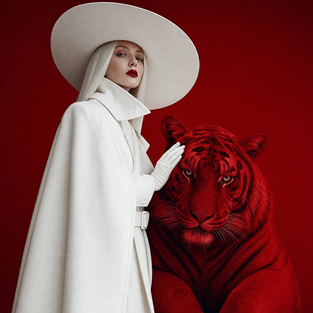 A woman in a white wide-brim hat and structured coat stands beside a tiger whose fur is dyed the same deep crimson as the background. The white figure becomes…