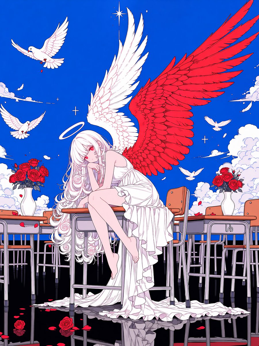 A pale, white-haired angel sits sideways on a classroom desk beneath enormous red wings, with roses in white vases and a dove in the foreground. The limited…