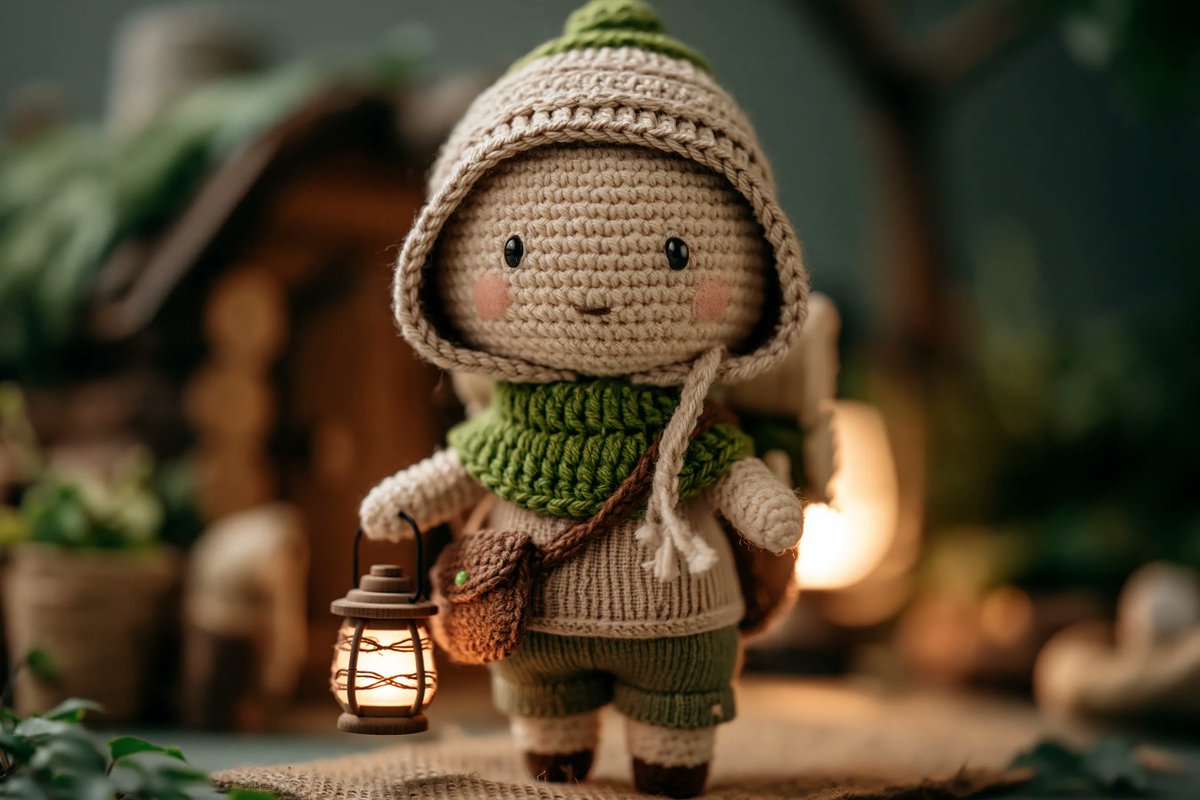 A soft, handmade-looking doll built from yarn, with visible stitch texture and knitted details throughout. The result reads as a warm, nostalgic keepsake shown…