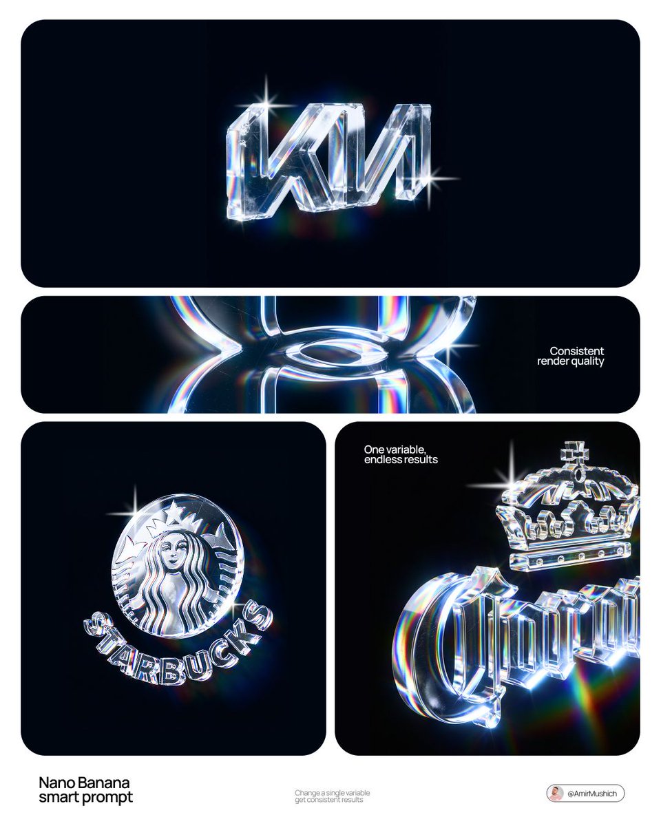 A brand wordmark carved from optical crystal, with rainbow dispersion running through each letter and faint scratches and chips that show the glass has been…