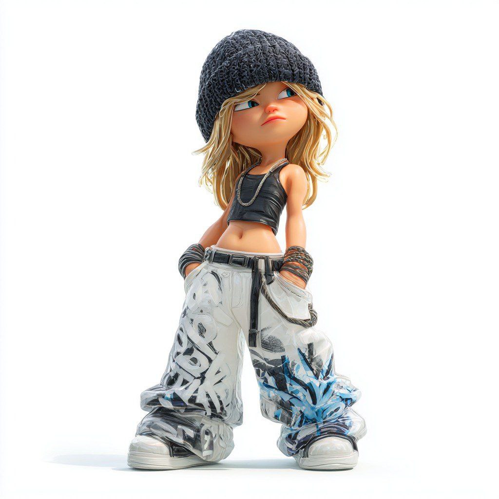 A full-body figure of a cool girl rendered as a clear crystal resin toy, with a black knit hat, suspenders and graffiti-print jeans. The see-through material…